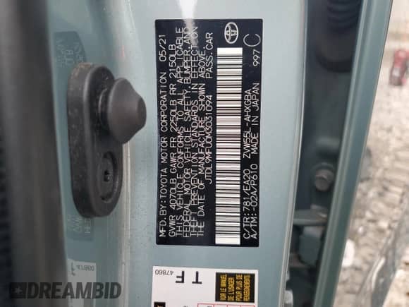 2021 Toyota Prius XLE with VIN JTDL9MFU0M3031094, listed as a Copart auction lot 82648995 with 50,455 mi miles and Salvage title. Bid and sale history available at DreamBid. Image 12.