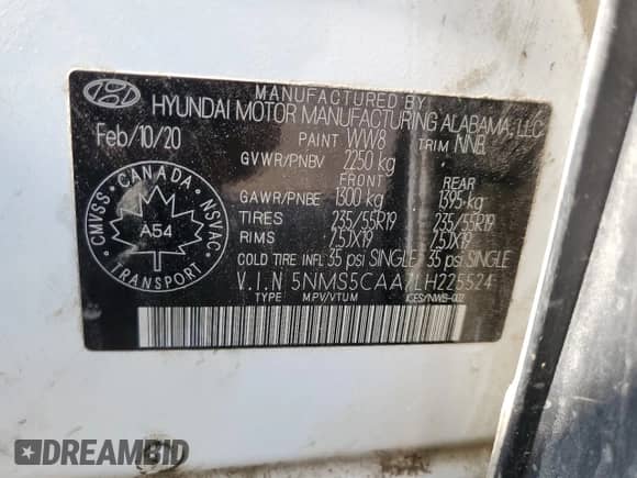 2020 Hyundai Santa Fe Limited с VIN 5NMS5CAA7LH225524, выставлен на аукционе Copart как лот 62819025 с пробегом 169 567 миль миль и Списание • Salvage title. История ставок и продаж доступна на DreamBid. Изображение 14.