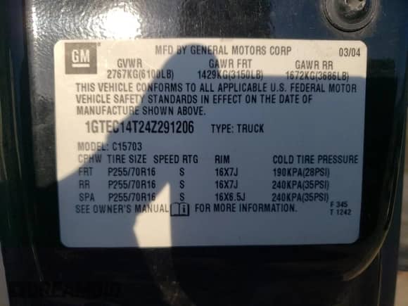 2004 GMC Sierra 1500 SLE z VIN 1GTEC14T24Z291206, wystawiony jako Copart lot #88518315 z przebiegiem 269 107 mil mil oraz Szkoda całkowita • Salvage title. Historia ofert i sprzedaży dostępna na DreamBid. Obrazek 14.