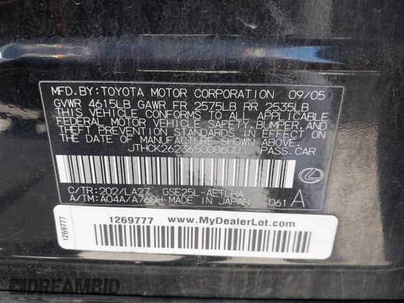 2006 Lexus IS 250 с VIN JTHCK262365000600, выставлен на аукционе IAAI как лот 42927424 с пробегом 283 761 миль миль и . История ставок и продаж доступна на DreamBid. Изображение 9.