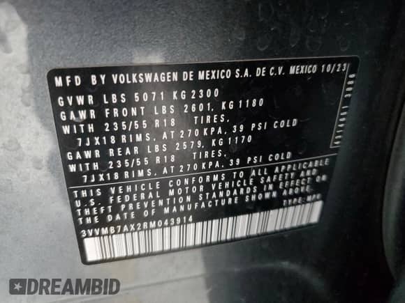 2024 Volkswagen Tiguan SE with VIN 3VVMB7AX2RM043914, listed as a Copart auction lot 70054225 with 33,153 mi miles and Salvage title. Bid and sale history available at DreamBid. Image 14.