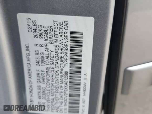 2019 Honda Accord Touring with VIN 1HGCV2F9XKA012588, listed as a Copart auction lot 70649765 with Not provided miles and Salvage title. Bid and sale history available at DreamBid. Image 12.