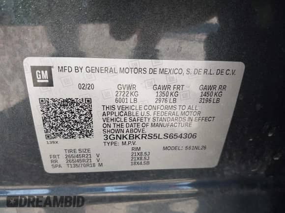 2020 Chevrolet Blazer RS with VIN 3GNKBKRS5LS654306, listed as a IAAI auction lot 40781301 with 116,596 mi miles and . Bid and sale history available at DreamBid. Image 9.