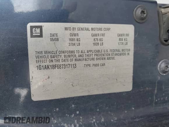 2008 Chevrolet Cobalt LS with VIN 1G1AK18F687317113, listed as a IAAI auction lot 41491215 with 159,342 mi miles and . Bid and sale history available at DreamBid. Image 9.