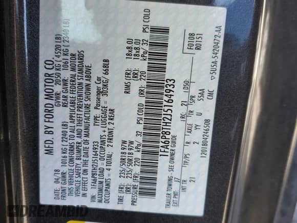 2018 Ford Mustang EcoBoost with VIN 1FA6P8TH2J5164933, listed as a Copart auction lot 82661865 with 117,209 mi miles and Salvage title. Bid and sale history available at DreamBid. Image 12.