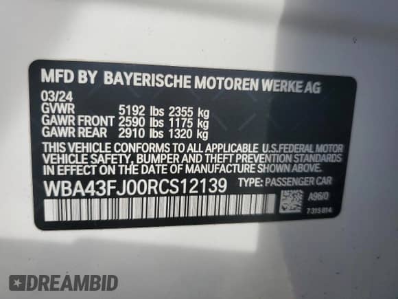 2024 BMW 5 Series 530i with VIN WBA43FJ00RCS12139, listed as a Copart auction lot 80700535 with 38,908 mi miles and Salvage title. Bid and sale history available at DreamBid. Image 12.