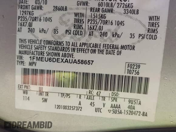 2010 Ford Explorer XLT с VIN 1FMEU6DEXAUA58657, выставлен на аукционе IAAI как лот 43348959 с пробегом 216 386 миль миль и . История ставок и продаж доступна на DreamBid. Изображение 9.