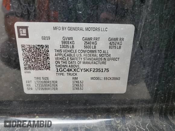 2019 Chevrolet Silverado 3500HD LTZ with VIN 1GC4KXCY5KF235175, listed as a Copart auction lot 54929465 with 184,720 mi miles and Salvage title. Bid and sale history available at DreamBid. Image 12.