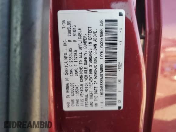 2005 Honda Accord EX-L с VIN 1HGCM66885A074805, выставлен на аукционе Copart как лот 71470335 с пробегом 162 110 миль миль и Чистый • Clean title. История ставок и продаж доступна на DreamBid. Изображение 12.