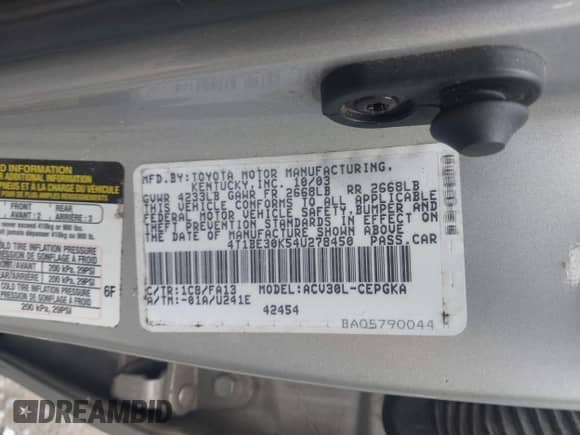 2004 Toyota Camry LE with VIN 4T1BE30K54U278450, listed as a IAAI auction lot 42975523 with 259,555 mi miles and . Bid and sale history available at DreamBid. Image 9.