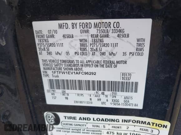 2010 Ford F-150 XL с VIN 1FTFW1EV1AFC96292, выставлен на аукционе IAAI как лот 43068801 с пробегом 214 640 миль миль и . История ставок и продаж доступна на DreamBid. Изображение 9.