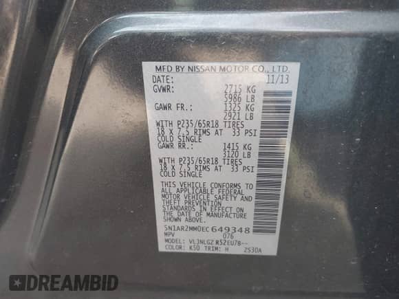 2014 Nissan Pathfinder SV с VIN 5N1AR2MM0EC649348, выставлен на аукционе IAAI как лот 42505796 с пробегом 185 878 миль миль и . История ставок и продаж доступна на DreamBid. Изображение 9.