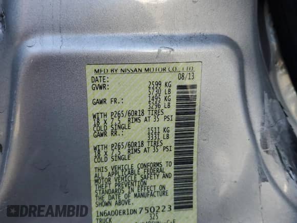 2013 Nissan Frontier SL with VIN 1N6AD0ER1DN750223, listed as a Copart auction lot 70495605 with 80,261 mi miles and Salvage title. Bid and sale history available at DreamBid. Image 12.