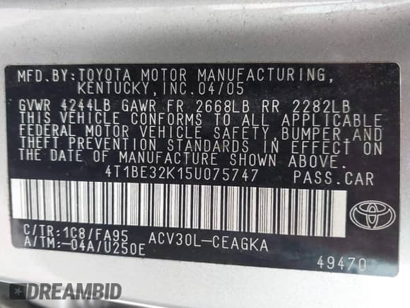 2005 Toyota Camry STD with VIN 4T1BE32K15U075747, listed as a IAAI auction lot 43154088 with 173,315 mi miles and . Bid and sale history available at DreamBid. Image 9.