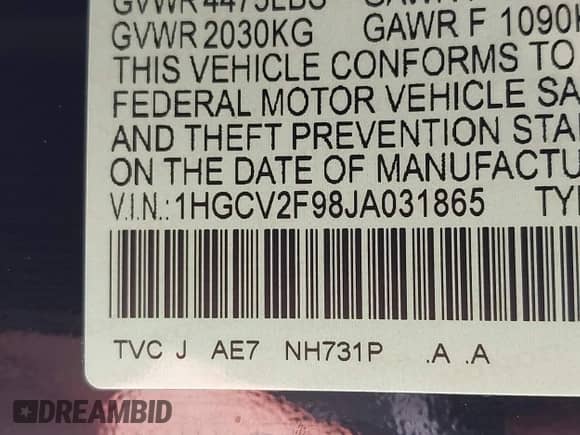 2018 Honda Accord Touring z VIN 1HGCV2F98JA031865, wystawiony jako IAAI lot #42617734 z przebiegiem 61 009 mil mil oraz . Historia ofert i sprzedaży dostępna na DreamBid. Obrazek 9.
