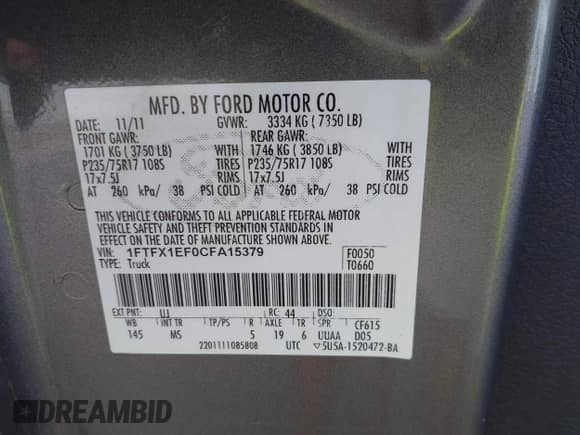 2012 Ford F-150 XLT with VIN 1FTFX1EF0CFA15379, listed as a IAAI auction lot 43438928 with 123,770 mi miles and . Bid and sale history available at DreamBid. Image 9.