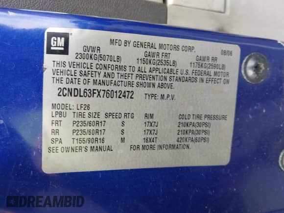 2007 Chevrolet Equinox LT with VIN 2CNDL63FX76012472, listed as a IAAI auction lot 43408077 with 274,787 mi miles and . Bid and sale history available at DreamBid. Image 9.