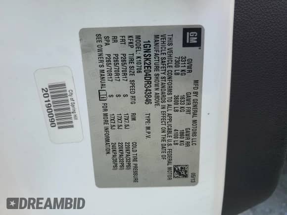 2013 Chevrolet Tahoe Commercial с VIN 1GNSK2E04DR343846, выставлен на аукционе Copart как лот 67101715 с пробегом 127 672 миль миль и Списание • Salvage title. История ставок и продаж доступна на DreamBid. Изображение 13.