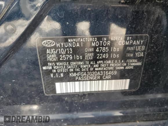 2013 Hyundai Azera с VIN KMHFG4JG2DA316469, выставлен на аукционе Copart как лот 60664495 с пробегом 229 302 миль миль и Списание • Salvage title. История ставок и продаж доступна на DreamBid. Изображение 12.