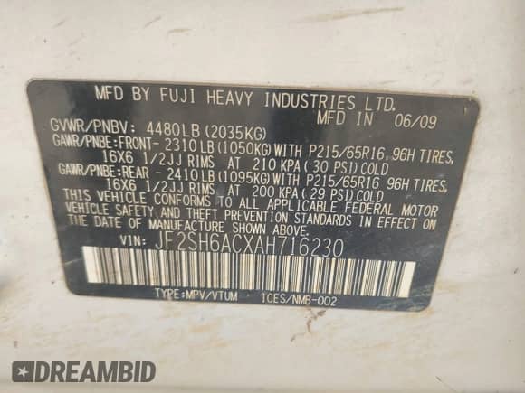 2010 Subaru Forester X z VIN JF2SH6ACXAH716230, wystawiony jako IAAI lot #43478350 z przebiegiem 223 938 mil mil oraz . Historia ofert i sprzedaży dostępna na DreamBid. Obrazek 9.