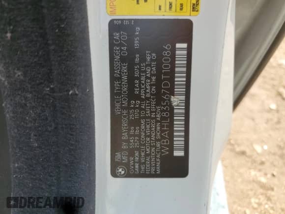 2007 BMW 7 Series 750i z VIN WBAHL83567DT10086, wystawiony jako Copart lot #59408605 z przebiegiem 110 635 mil mil oraz Nie do naprawy • Non repairable. Historia ofert i sprzedaży dostępna na DreamBid. Obrazek 12.