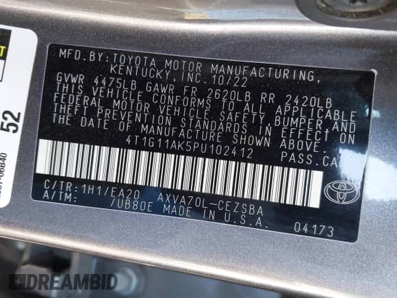 2023 Toyota Camry SE с VIN 4T1G11AK5PU102412, выставлен на аукционе IAAI как лот 42397948 с пробегом 61 990 миль миль и . История ставок и продаж доступна на DreamBid. Изображение 9.