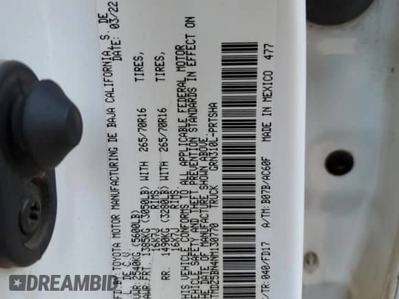 2022 Toyota Tacoma SR5 with VIN 3TMDZ5BN4NM130770, listed as a Copart auction lot 71835345 with 67,026 mi miles and Salvage title. Bid and sale history available at DreamBid. Image 12.