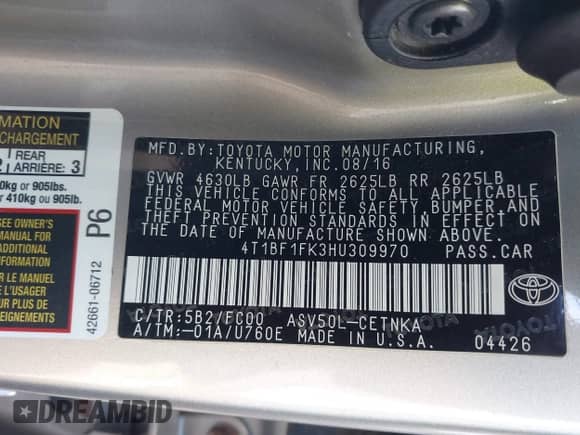 2017 Toyota Camry XSE с VIN 4T1BF1FK3HU309970, выставлен на аукционе IAAI как лот 43528482 с пробегом 251 599 миль миль и . История ставок и продаж доступна на DreamBid. Изображение 9.