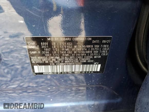 2021 Subaru Ascent Premium с VIN 4S4WMAFDXM3472222, выставлен на аукционе Copart как лот 66188315 с пробегом 82 505 миль миль и Чистый • Clean title. История ставок и продаж доступна на DreamBid. Изображение 14.