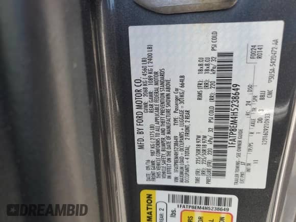 2017 Ford Mustang V6 с VIN 1FATP8EM4H5238649, выставлен на аукционе Copart как лот 59059685 с пробегом 102 156 миль миль и Списание • Salvage title. История ставок и продаж доступна на DreamBid. Изображение 12.