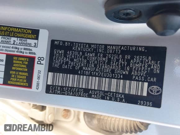 2014 Toyota Camry L with VIN 4T1BF1FK7EU301334, listed as a IAAI auction lot 43103892 with 93,146 mi miles and . Bid and sale history available at DreamBid. Image 9.