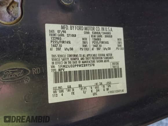 1998 Ford Explorer XLT с VIN 1FMZU32P9WZB97578, выставлен на аукционе IAAI как лот 41604341 с пробегом 183 881 миль миль и . История ставок и продаж доступна на DreamBid. Изображение 9.