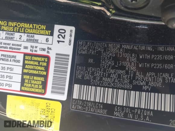 2019 Toyota Sienna XLE Auto Access Seat with VIN 5TDYZ3DC2KS994889, listed as a IAAI auction lot 42839836 with 172,765 mi miles and . Bid and sale history available at DreamBid. Image 9.