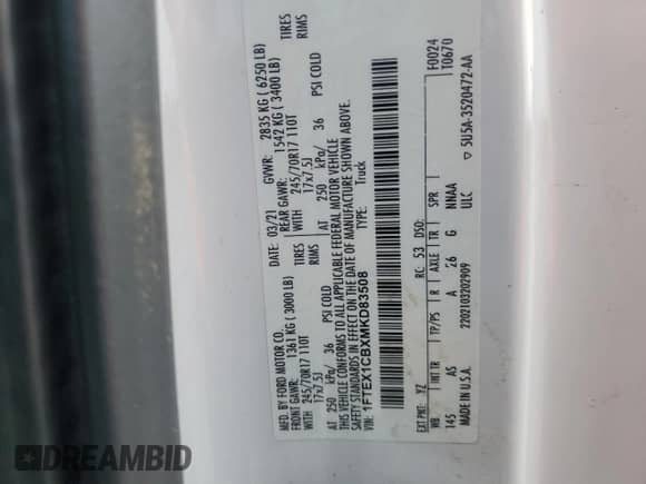 2021 Ford F-150 XL с VIN 1FTEX1CBXMKD83508, выставлен на аукционе Copart как лот 59311075 с пробегом 74 147 миль миль и Списание • Salvage title. История ставок и продаж доступна на DreamBid. Изображение 12.