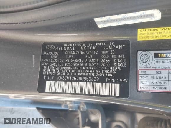 2008 Hyundai Tucson GLS с VIN KM8JM12B78U859339, выставлен на аукционе IAAI как лот 43419062 с пробегом 112 331 миль миль и . История ставок и продаж доступна на DreamBid. Изображение 9.