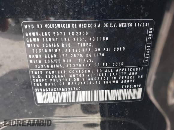 2024 Volkswagen Tiguan Wolfsburg Edition с VIN 3VVAB7AX4RM234740, выставлен на аукционе IAAI как лот 42701994 с пробегом 3 033 миль миль и . История ставок и продаж доступна на DreamBid. Изображение 9.