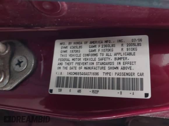 2006 Honda Accord EX-L z VIN 1HGCM66546A071696, wystawiony jako IAAI lot #43536734 z przebiegiem 122 506 mil mil oraz . Historia ofert i sprzedaży dostępna na DreamBid. Obrazek 9.