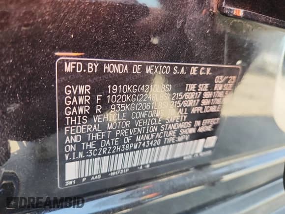 2023 Honda HR-V LX with VIN 3CZRZ2H38PM743420, listed as a Copart auction lot 69948755 with 45,438 mi miles and Salvage title. Bid and sale history available at DreamBid. Image 14.
