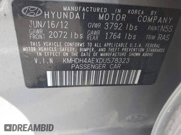 2013 Hyundai Elantra GLS z VIN KMHDH4AEXDU578323, wystawiony jako IAAI lot #43467138 z przebiegiem 153 123 mil mil oraz . Historia ofert i sprzedaży dostępna na DreamBid. Obrazek 9.