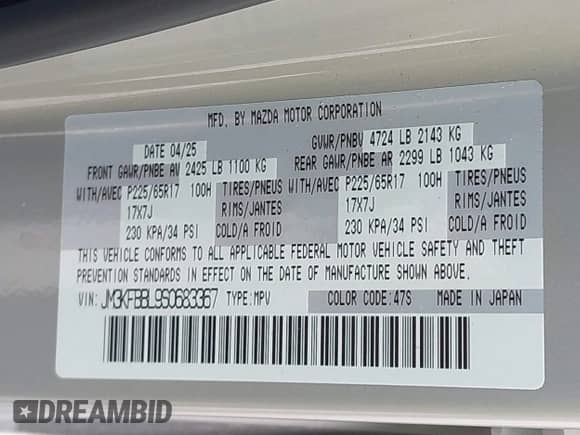 2025 Mazda CX-5 S Select with VIN JM3KFBBL9S0683367, listed as a IAAI auction lot 43545055 with 12,620 mi miles and . Bid and sale history available at DreamBid. Image 9.