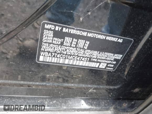 2021 BMW 7 Series 740i xDrive with VIN WBA7T4C01MCE47451, listed as a IAAI auction lot 43328445 with Not provided miles and . Bid and sale history available at DreamBid. Image 9.