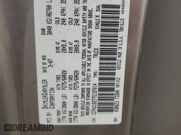 2007 Dodge 1500 SLT with VIN 1D7HU18277S197014, listed as a Copart auction lot 80510905 with 170,390 mi miles and Salvage title. Bid and sale history available at DreamBid. Image 12.