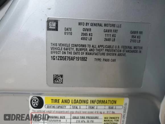 2010 Chevrolet Malibu 2LT with VIN 1G1ZD5E76AF191882, listed as a Copart auction lot 58566315 with Not provided miles and Salvage title. Bid and sale history available at DreamBid. Image 13.