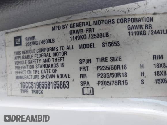 2005 Chevrolet Colorado Fleet Z85 with VIN 1GCCS196558165863, listed as a IAAI auction lot 42837111 with 140,503 mi miles and . Bid and sale history available at DreamBid. Image 9.