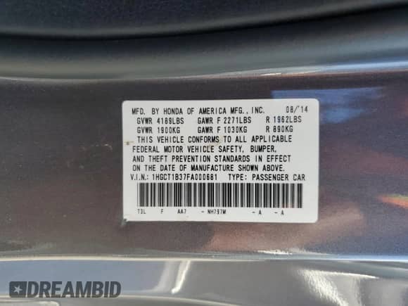 2015 Honda Accord LX-S с VIN 1HGCT1B37FA000681, выставлен на аукционе Copart как лот 71462395 с пробегом 118 735 миль миль и Списание • Salvage title. История ставок и продаж доступна на DreamBid. Изображение 12.