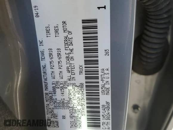 2019 Toyota Tundra SR5 с VIN 5TFHY5F15KX845980, выставлен на аукционе Copart как лот 71916695 с пробегом 97 577 миль миль и Списание • Salvage title. История ставок и продаж доступна на DreamBid. Изображение 12.