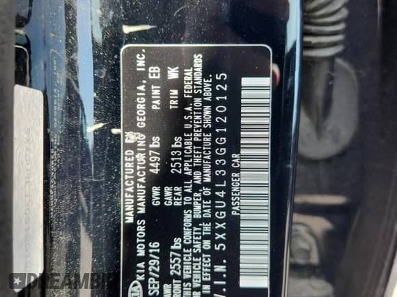 2016 Kia Optima EX with VIN 5XXGU4L33GG120125, listed as a Copart auction lot 81658535 with 101,490 mi miles and Salvage title. Bid and sale history available at DreamBid. Image 12.