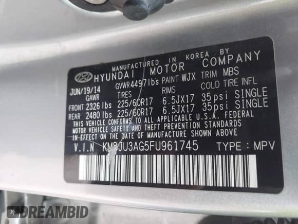 2015 Hyundai Tucson Limited с VIN KM8JU3AG5FU961745, выставлен на аукционе IAAI как лот 42538663 с пробегом 117 902 миль миль и . История ставок и продаж доступна на DreamBid. Изображение 9.