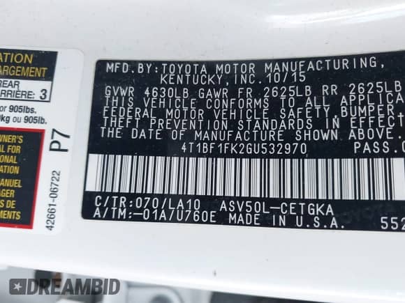 2016 Toyota Camry LE с VIN 4T1BF1FK2GU532970, выставлен на аукционе IAAI как лот 43223428 с пробегом 152 937 миль миль и . История ставок и продаж доступна на DreamBid. Изображение 9.