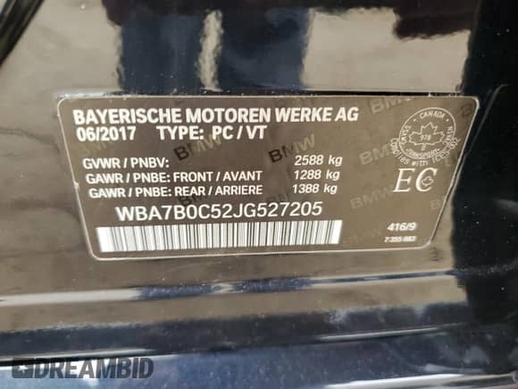 2018 BMW 7 Series 750i xDrive with VIN WBA7B0C52JG527205, listed as a Copart auction lot 57452265 with 120,655 mi miles and Clean title. Bid and sale history available at DreamBid. Image 12.